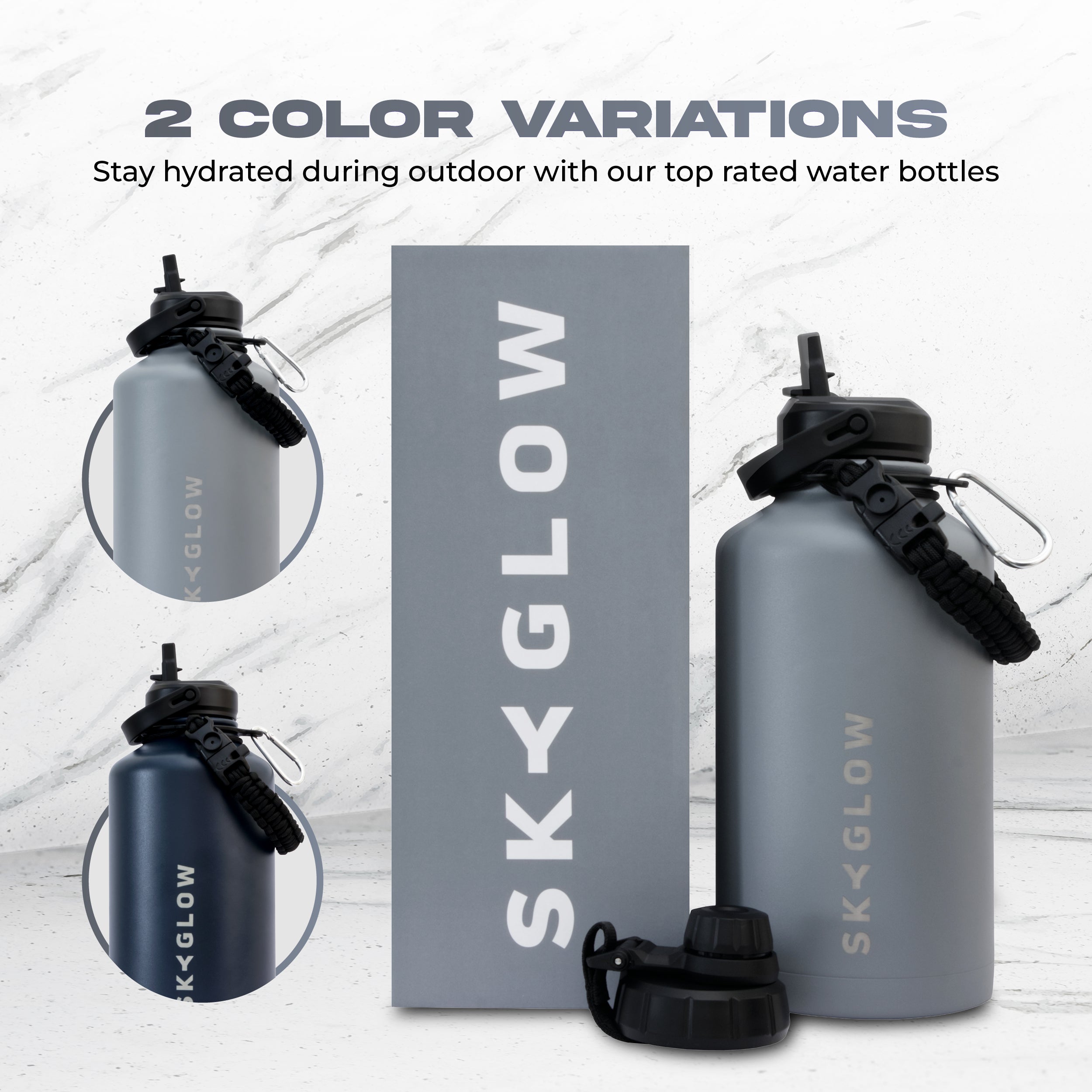 SkyGlow 1.9L Insulated Water Bottle Leakproof Stainless Steel Gym Travel