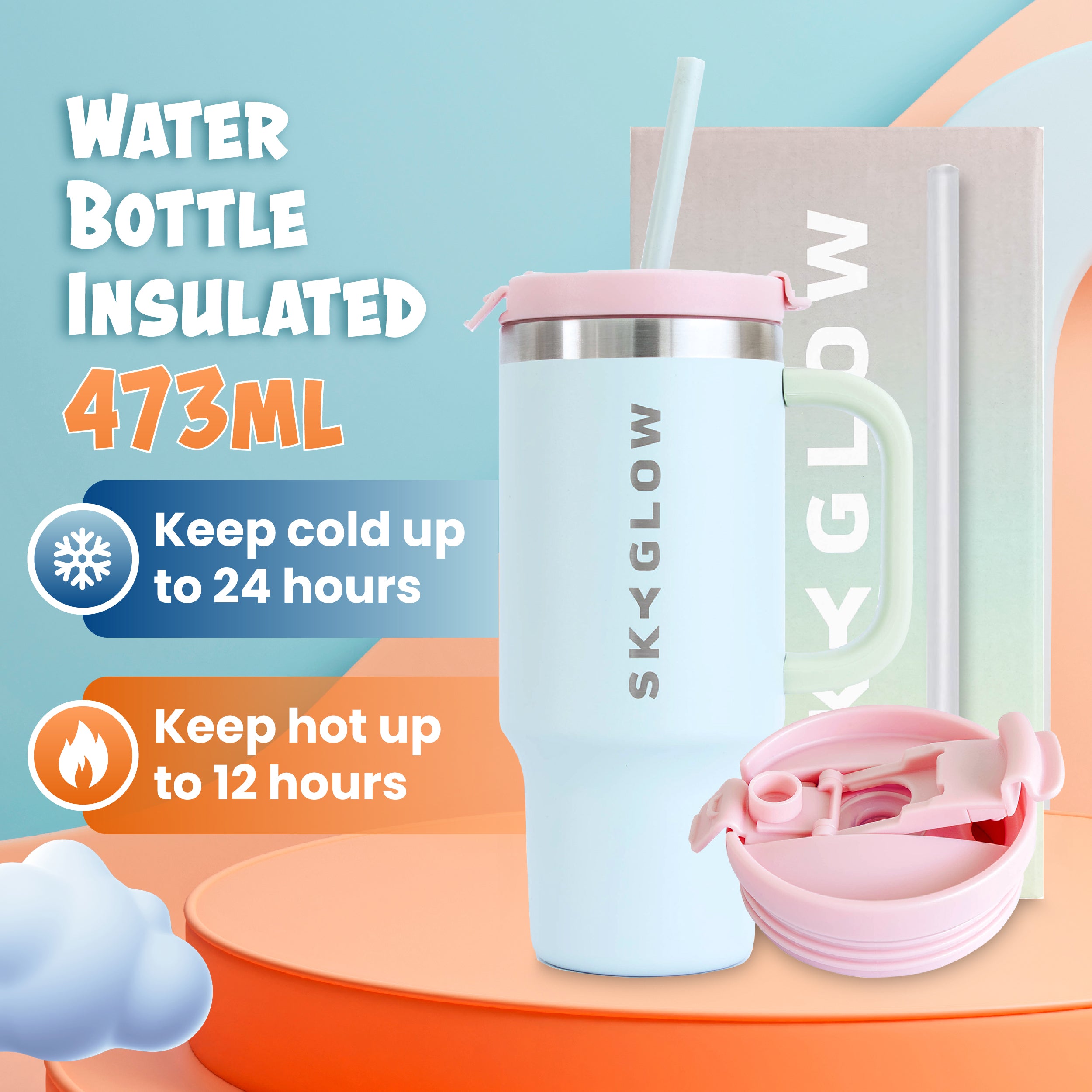 SkyGlow Kids 473ml Insulated Tumbler with Handle & Straw | Spill-Proof