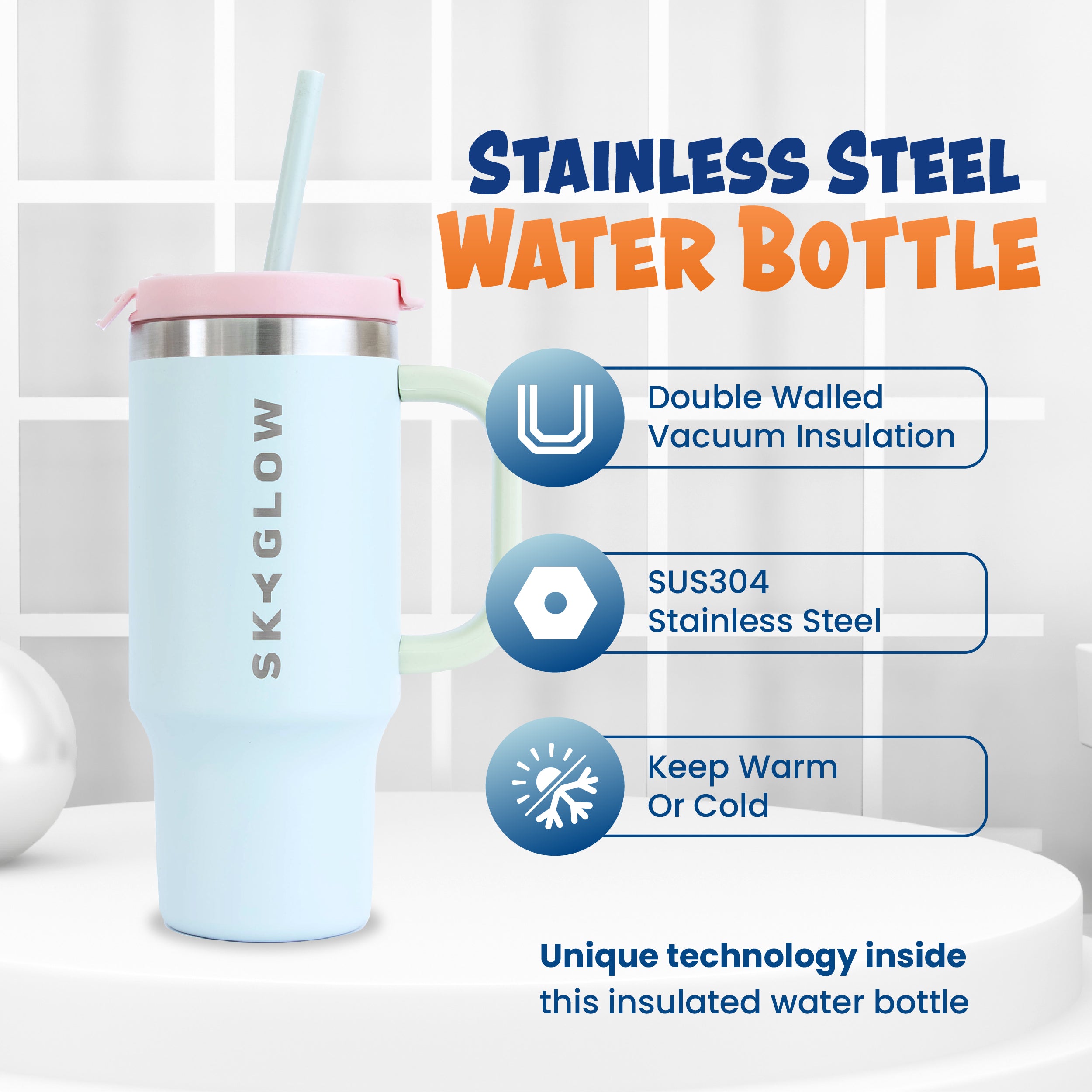 SkyGlow Kids 473ml Insulated Tumbler with Handle & Straw | Spill-Proof