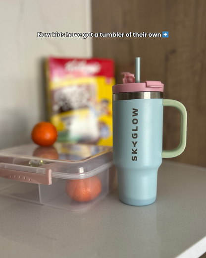 SkyGlow Kids 473ml Insulated Tumbler with Handle & Straw | Spill-Proof Petal Sky