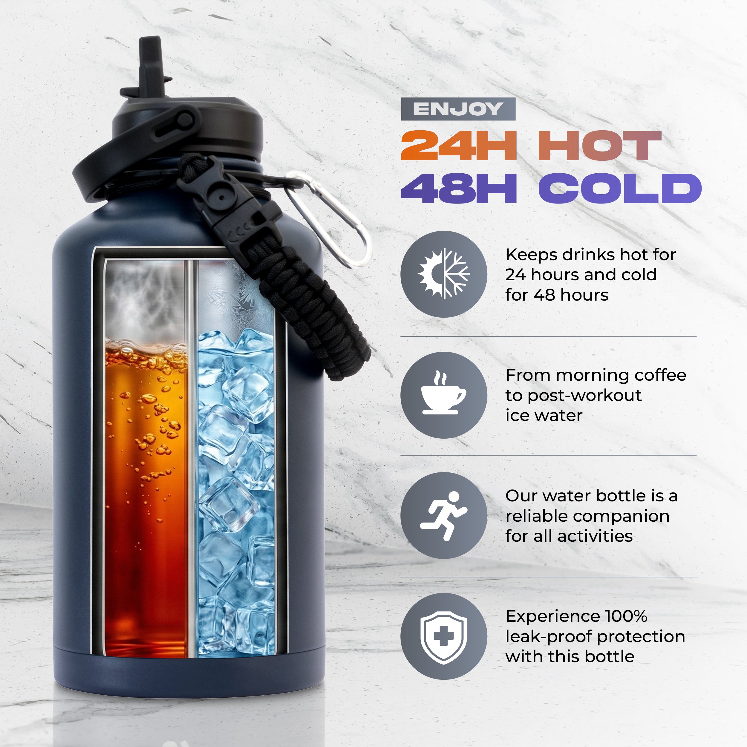 SkyGlow 1.9L Insulated Water Bottle Leakproof Stainless Steel Gym Travel