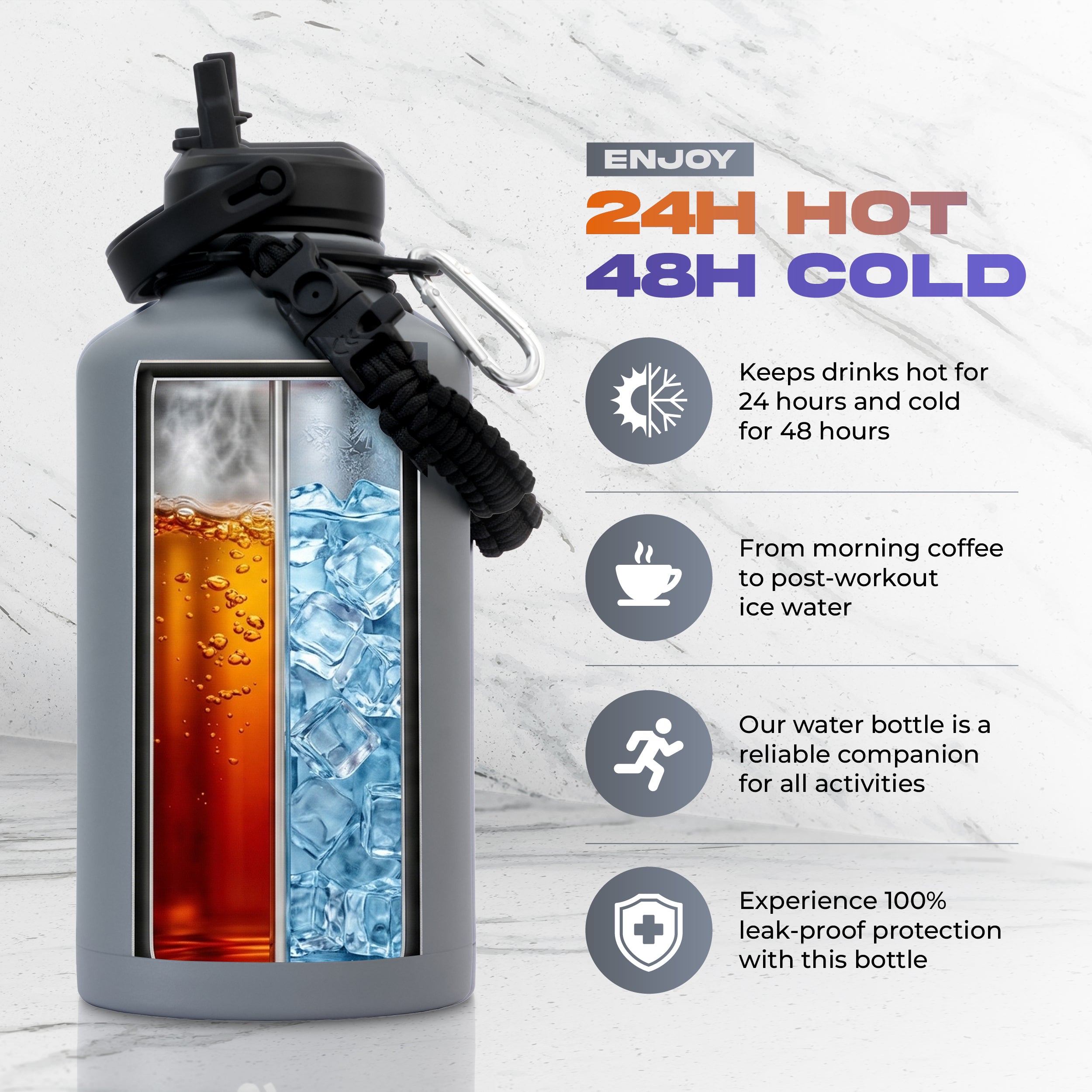 SkyGlow 1.9L Insulated Water Bottle Leakproof Stainless Steel Gym Travel