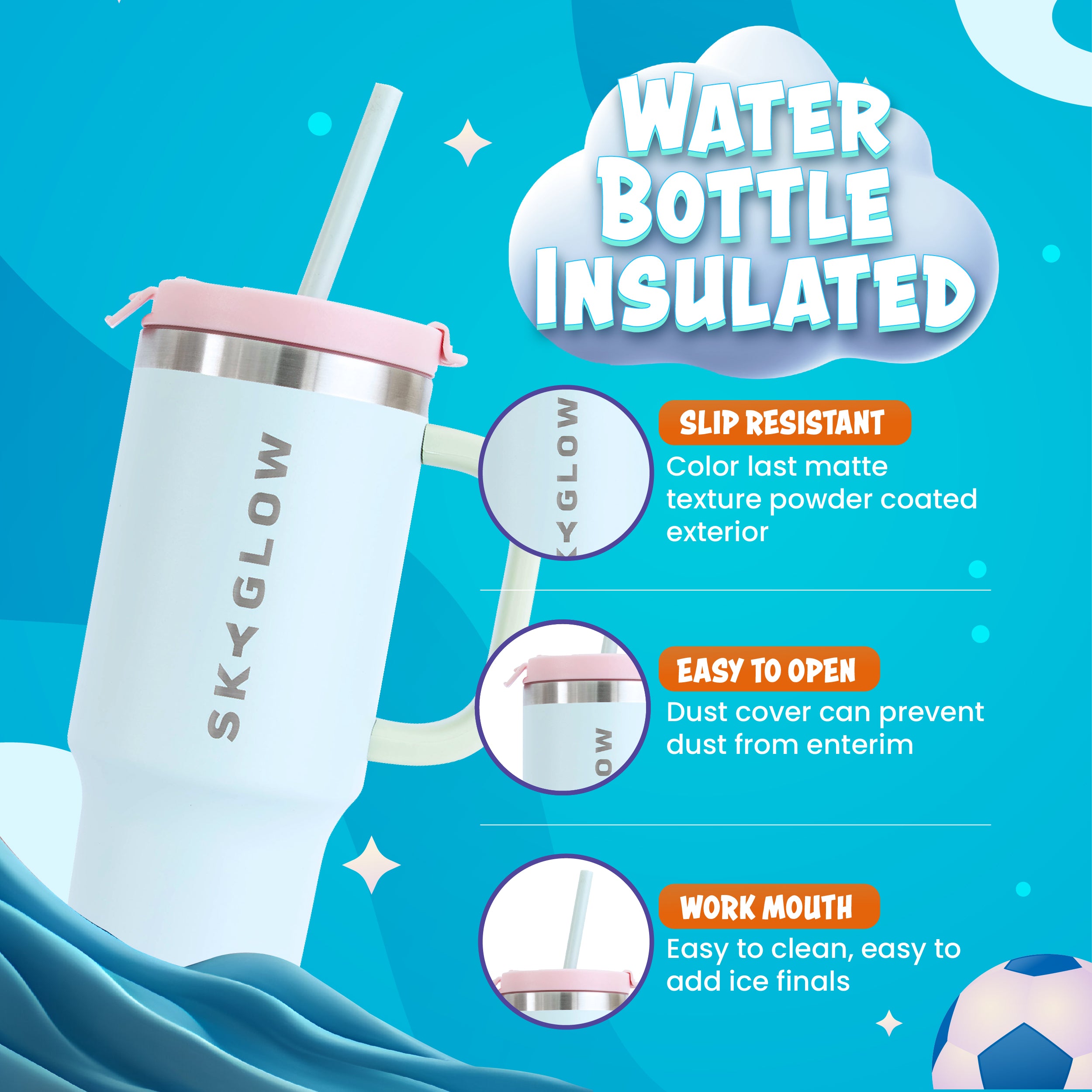 SkyGlow Kids 473ml Insulated Tumbler with Handle & Straw | Spill-Proof